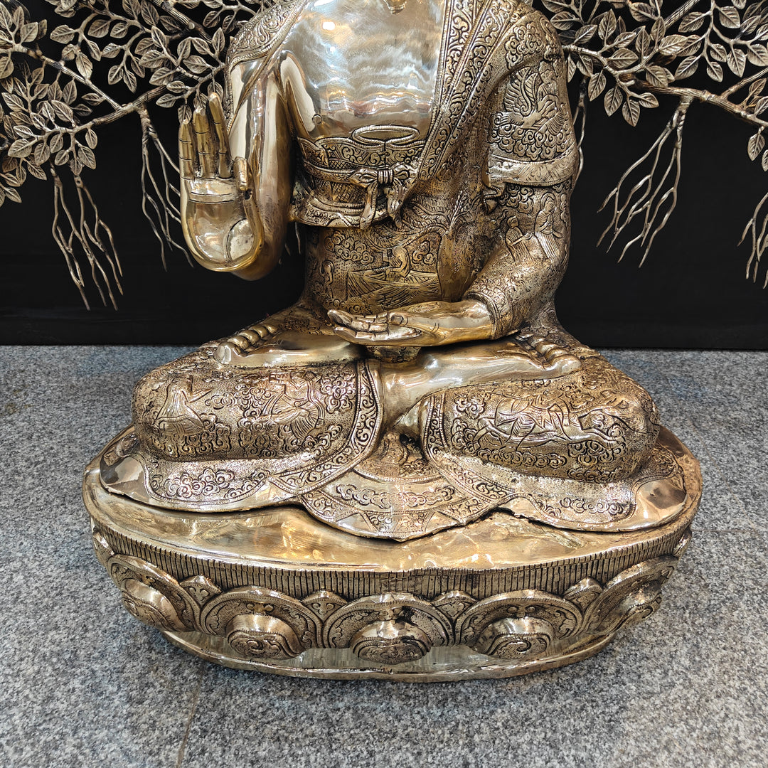 Brass Large Buddha Idol With Bodhi Tree For Home Decor 41 Inches