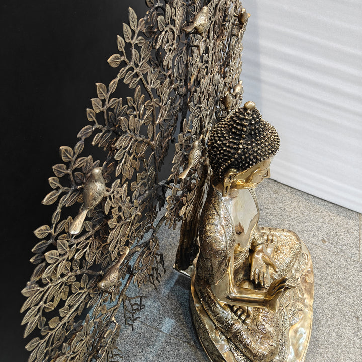 Brass Large Buddha Idol With Bodhi Tree For Home Decor 41 Inches