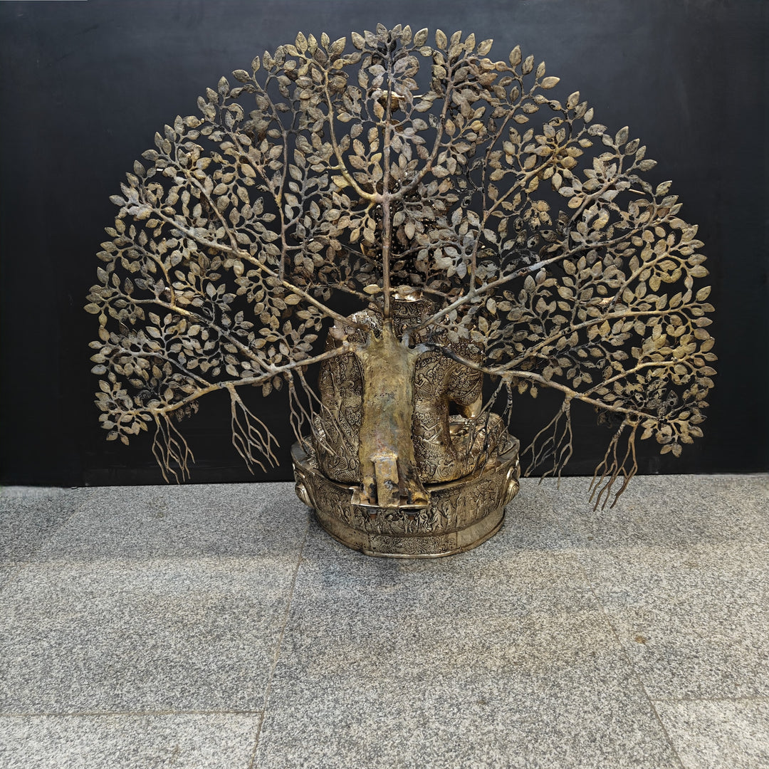 Brass Large Buddha Idol With Bodhi Tree For Home Decor 41 Inches