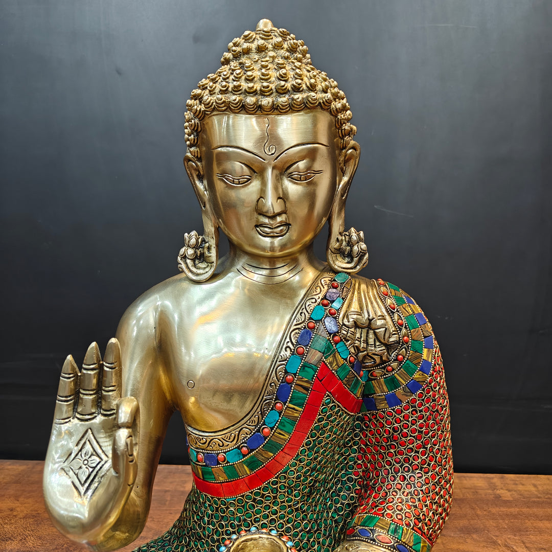 Brass Blessing Buddha Statue With Stone Work For Home Decor 20 Inches
