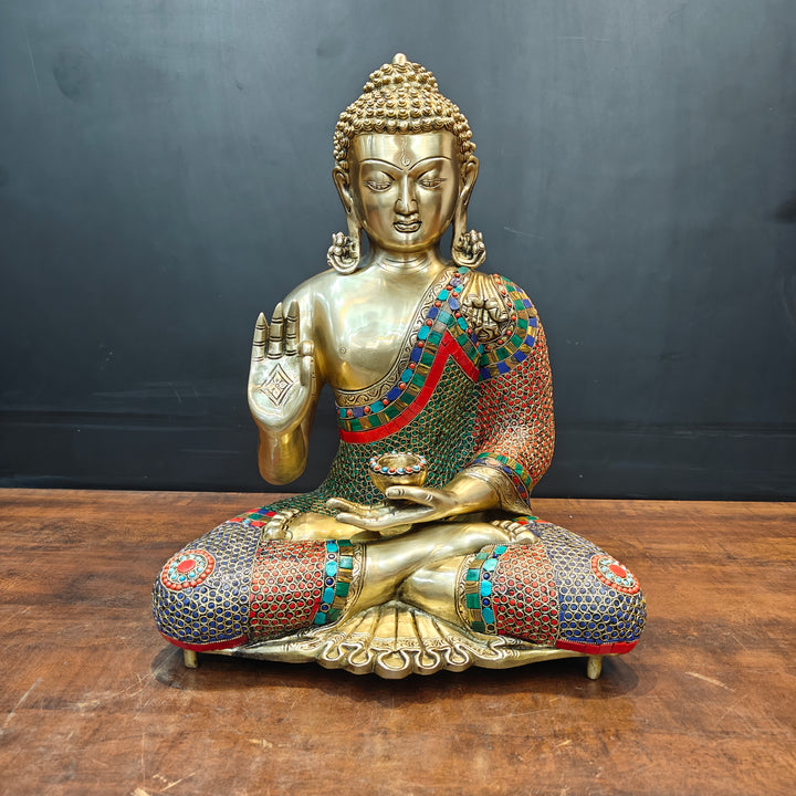 Brass Blessing Buddha Statue With Stone Work For Home Decor 20 Inches