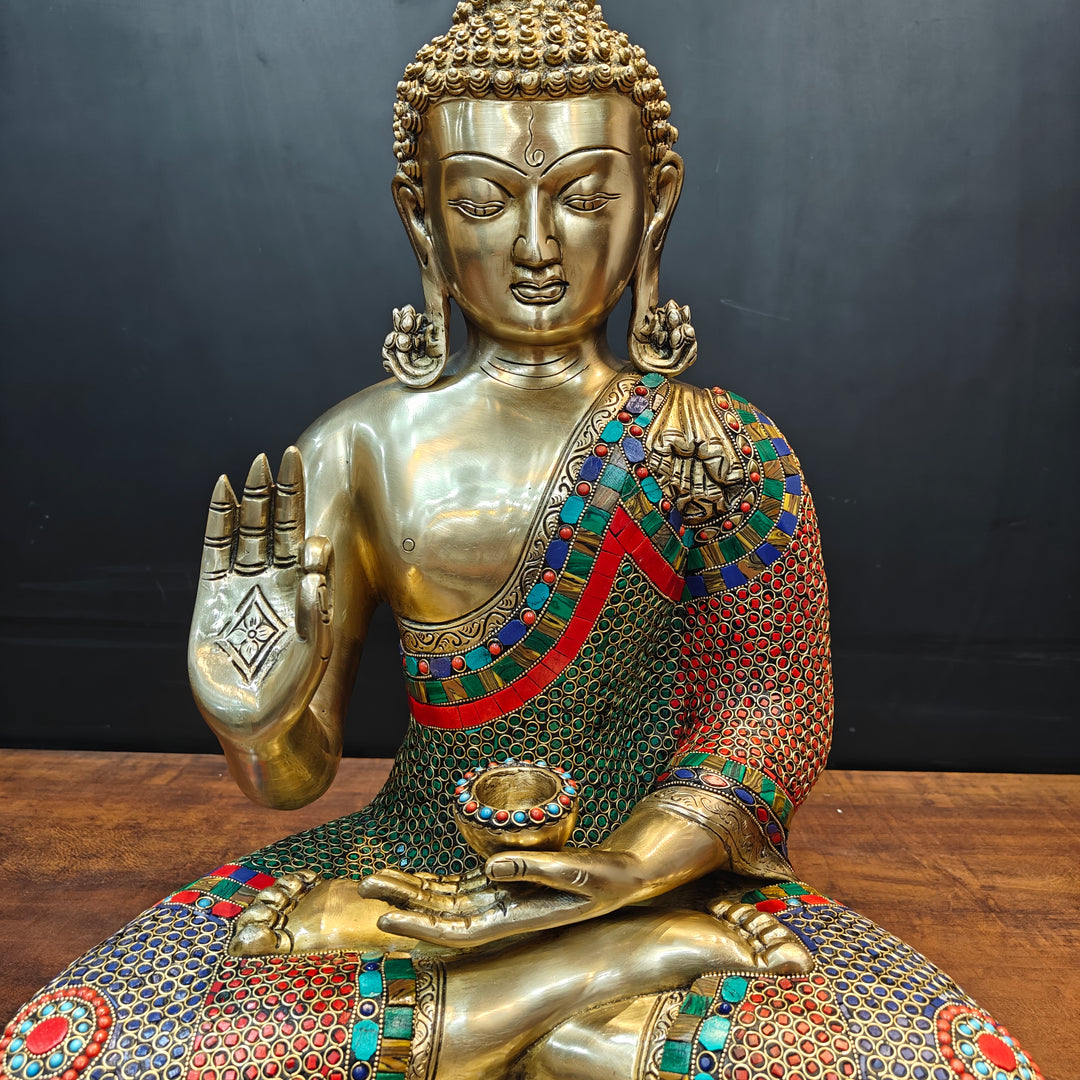 Brass Blessing Buddha Statue With Stone Work For Home Decor 20 Inches