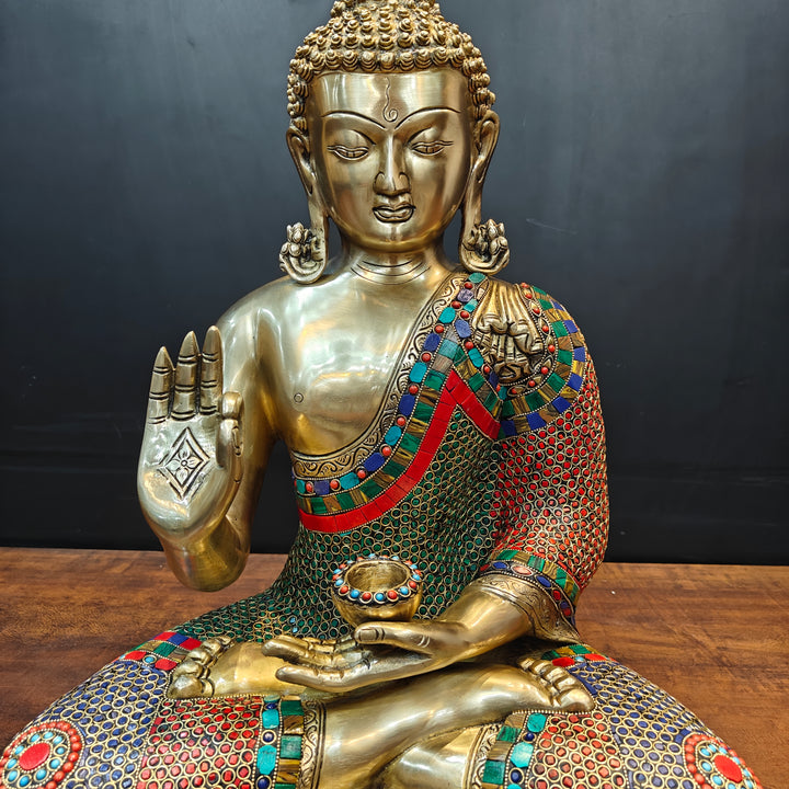 Brass Blessing Buddha Statue With Stone Work For Home Decor 20 Inches