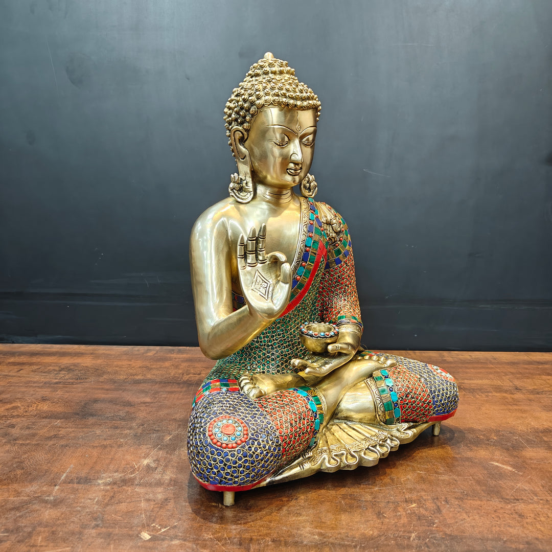 Brass Blessing Buddha Statue With Stone Work For Home Decor 20 Inches