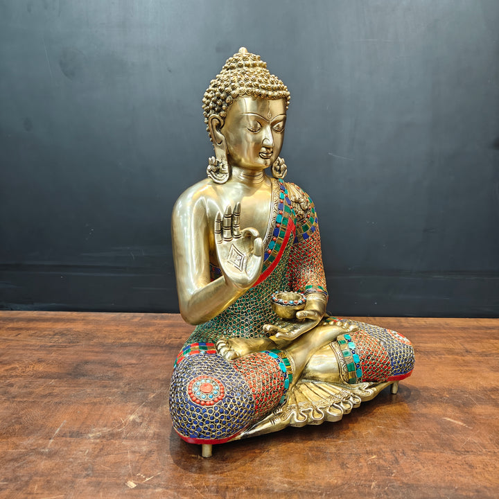 Brass Blessing Buddha Statue With Stone Work For Home Decor 20 Inches