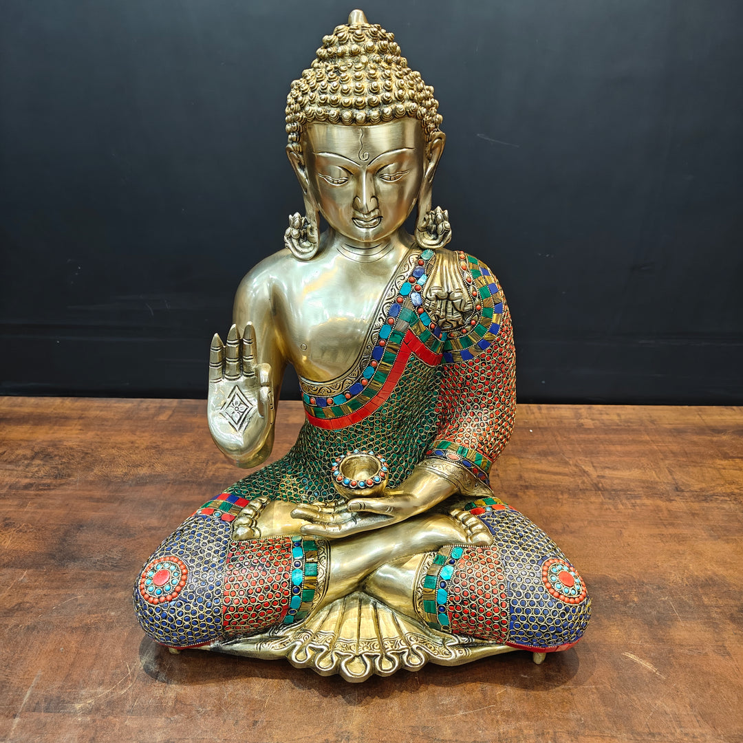 Brass Blessing Buddha Statue With Stone Work For Home Decor 20 Inches