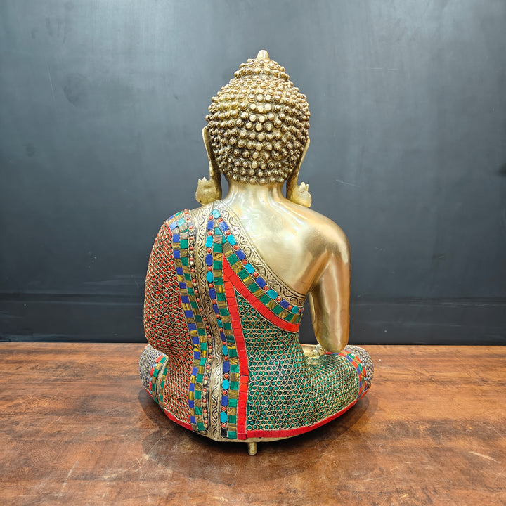 Brass Blessing Buddha Statue With Stone Work For Home Decor 20 Inches