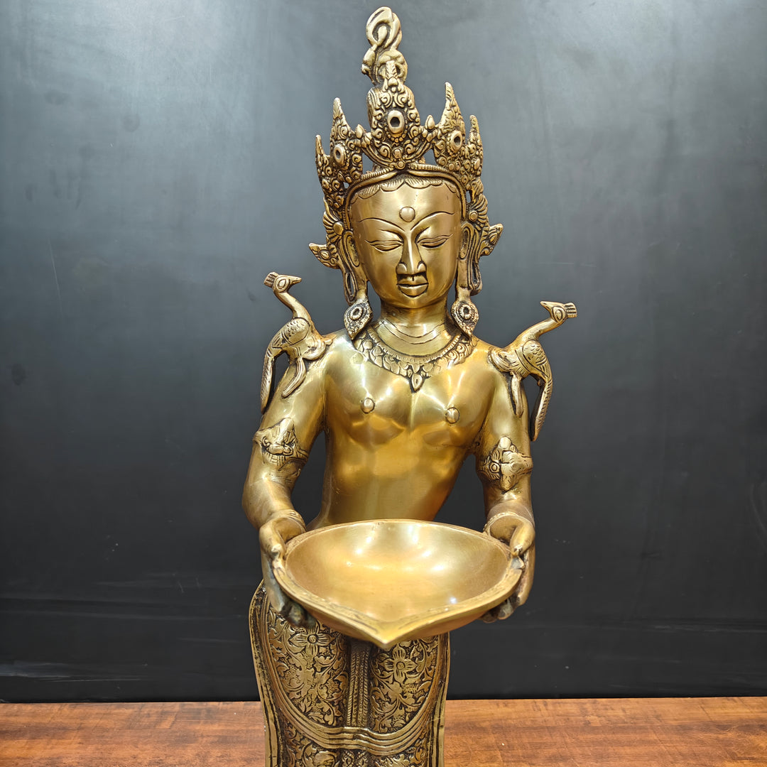 Brass Standing Tibetan Buddhist Goddess Tara With Lamp 2.5 Feet