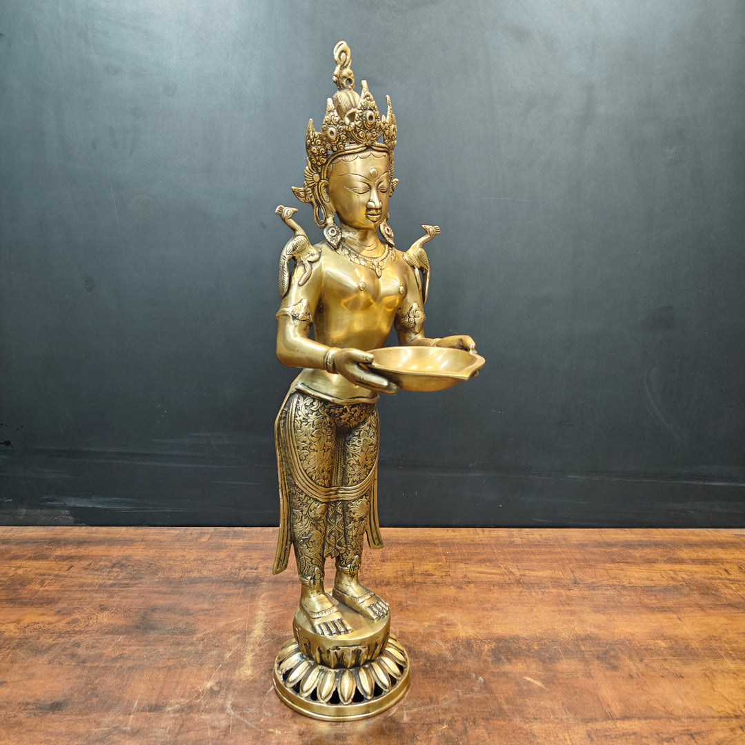 Brass Standing Tibetan Buddhist Goddess Tara With Lamp 2.5 Feet