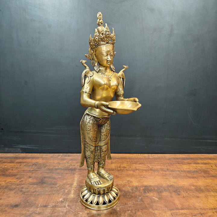 Brass Standing Tibetan Buddhist Goddess Tara With Lamp 2.5 Feet