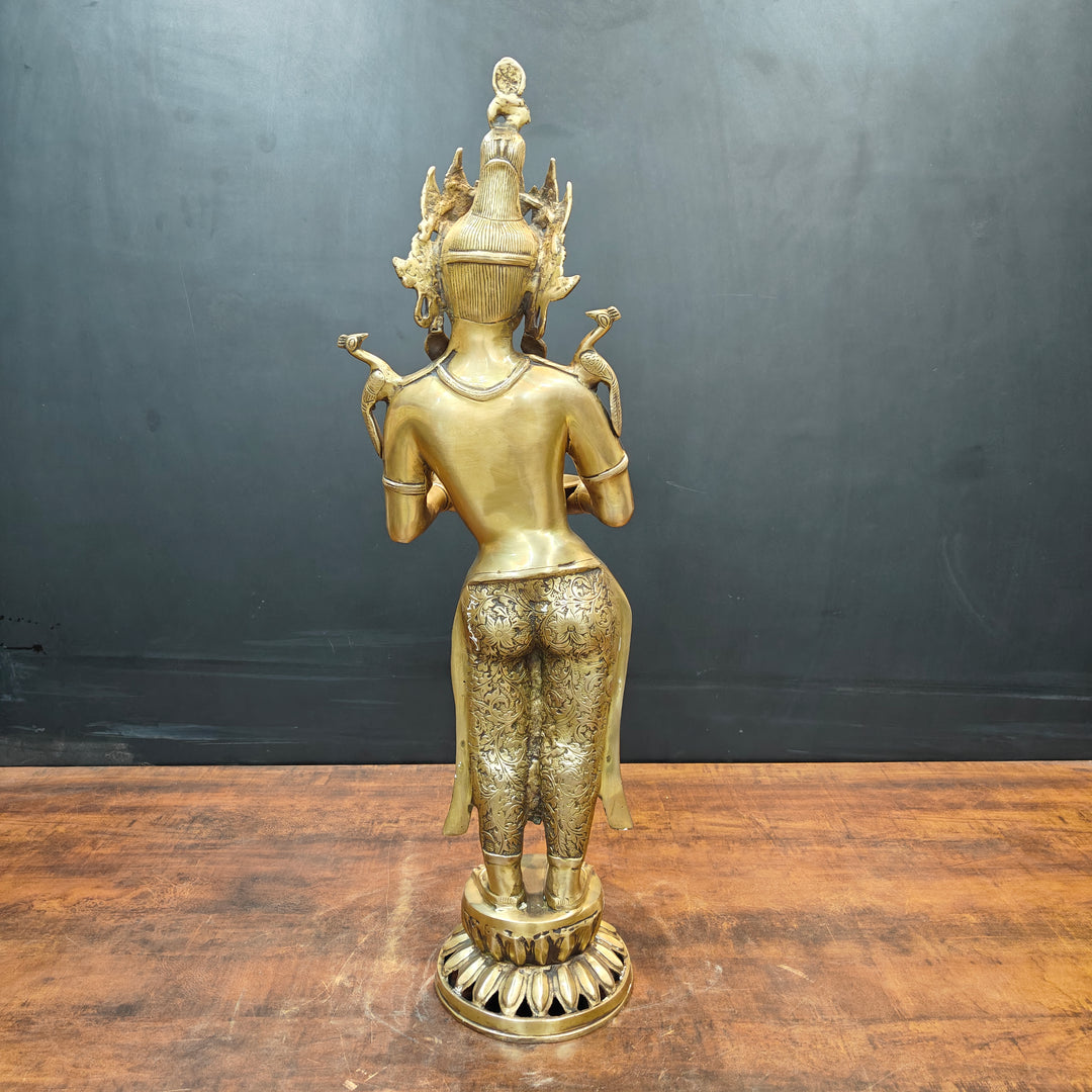 Brass Standing Tibetan Buddhist Goddess Tara With Lamp 2.5 Feet