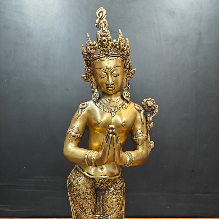 Brass Standing Tibetan Buddhist Goddess Tara in Namaskar Mudra 2.5 Feet