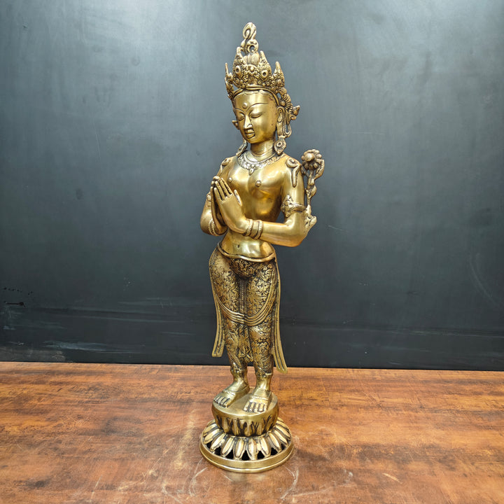 Brass Standing Tibetan Buddhist Goddess Tara in Namaskar Mudra 2.5 Feet