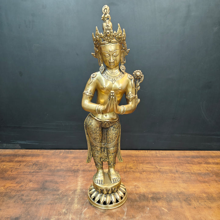Brass Standing Tibetan Buddhist Goddess Tara in Namaskar Mudra 2.5 Feet