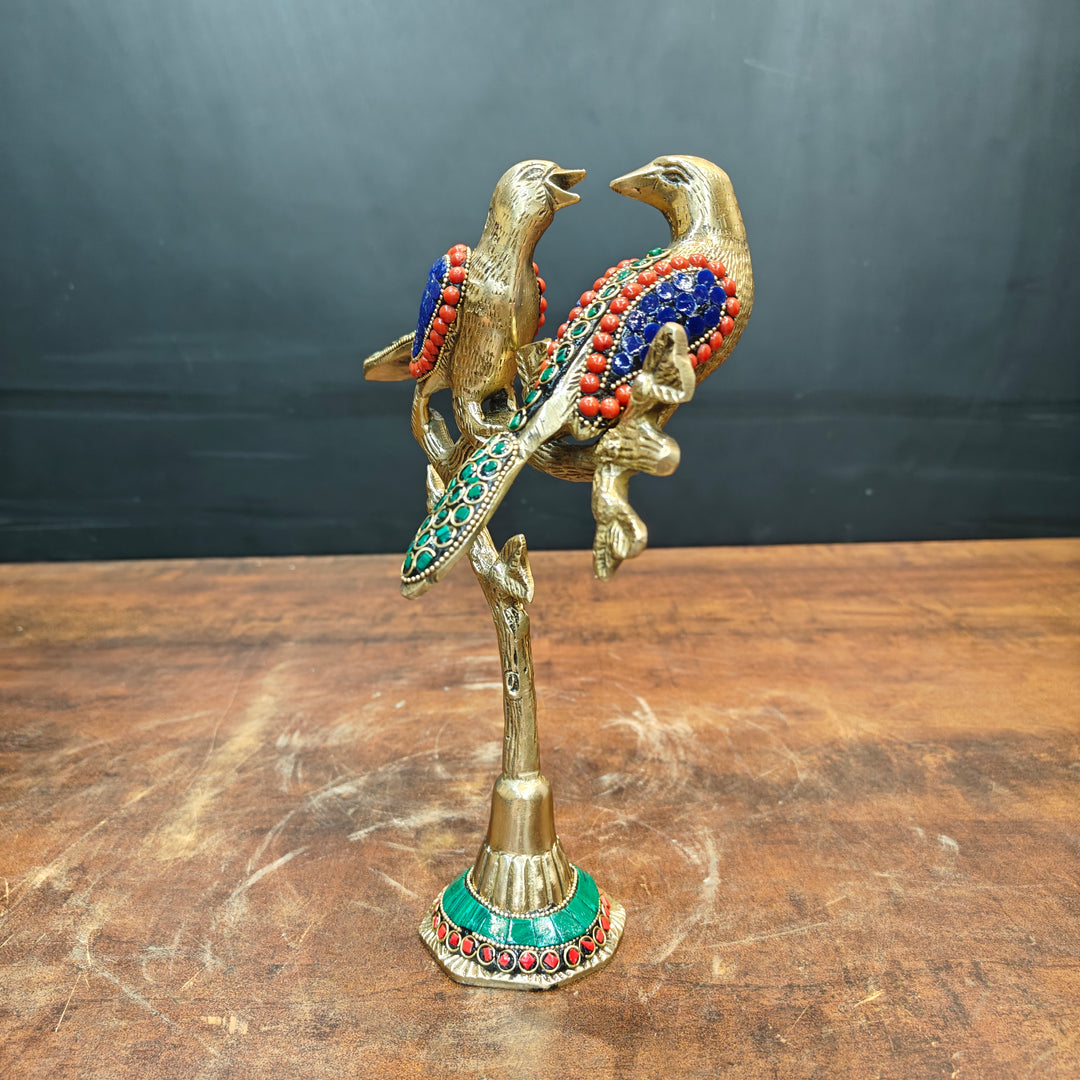 Brass Bird Pair Sitting On Tree Stone Work For Home Office Table Decor Showpiece 10 Inch