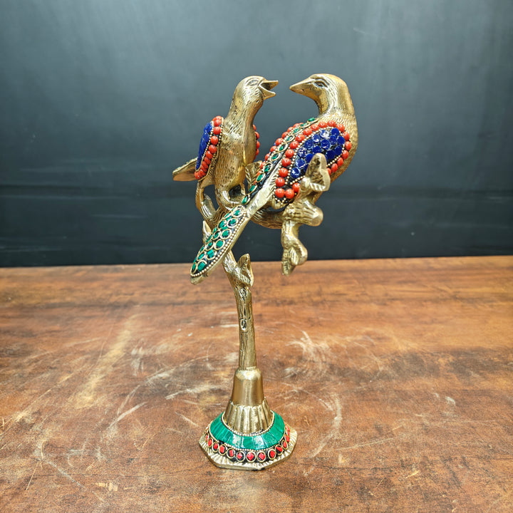 Brass Bird Pair Sitting On Tree Stone Work For Home Office Table Decor Showpiece 10 Inch