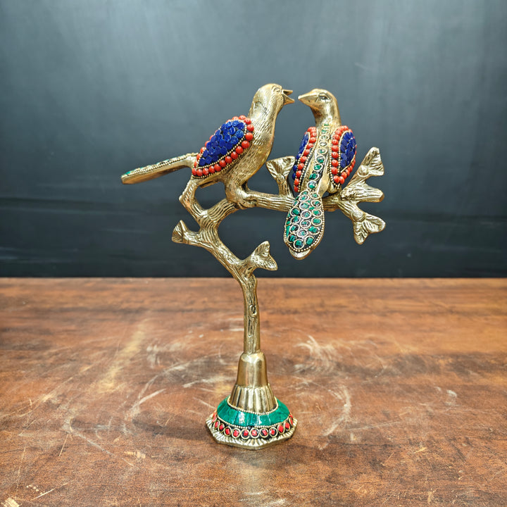 Brass Bird Pair Sitting On Tree Stone Work For Home Office Table Decor Showpiece 10 Inch