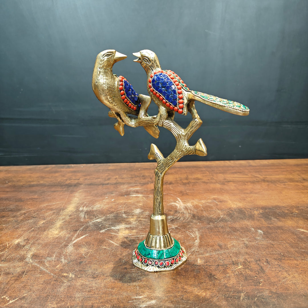 Brass Bird Pair Sitting On Tree Stone Work For Home Office Table Decor Showpiece 10 Inch