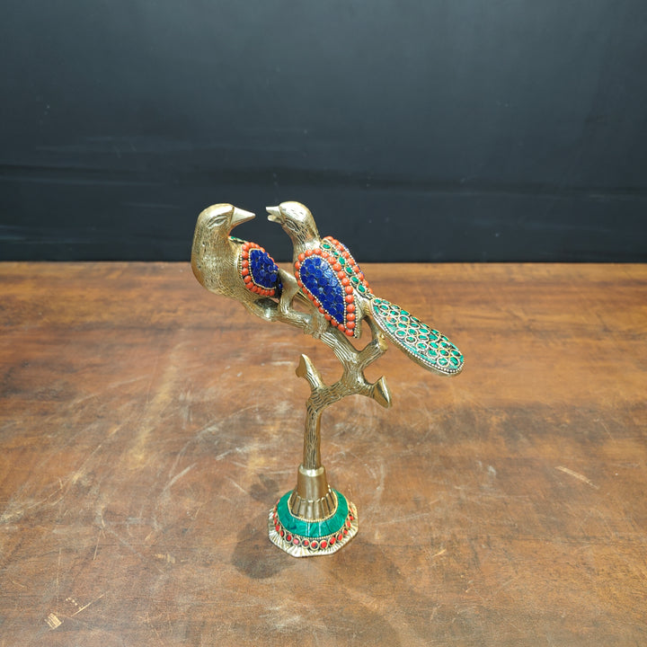 Brass Bird Pair Sitting On Tree Stone Work For Home Office Table Decor Showpiece 10 Inch