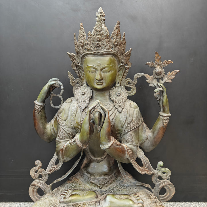 Brass Large Tibetan Buddhist Goddess Tara Four Arms Antique Finish 3 Feet