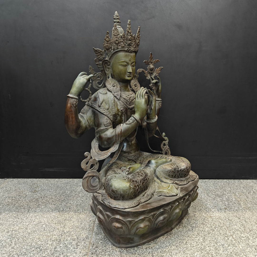 Brass Large Tibetan Buddhist Goddess Tara Four Arms Antique Finish 3 Feet