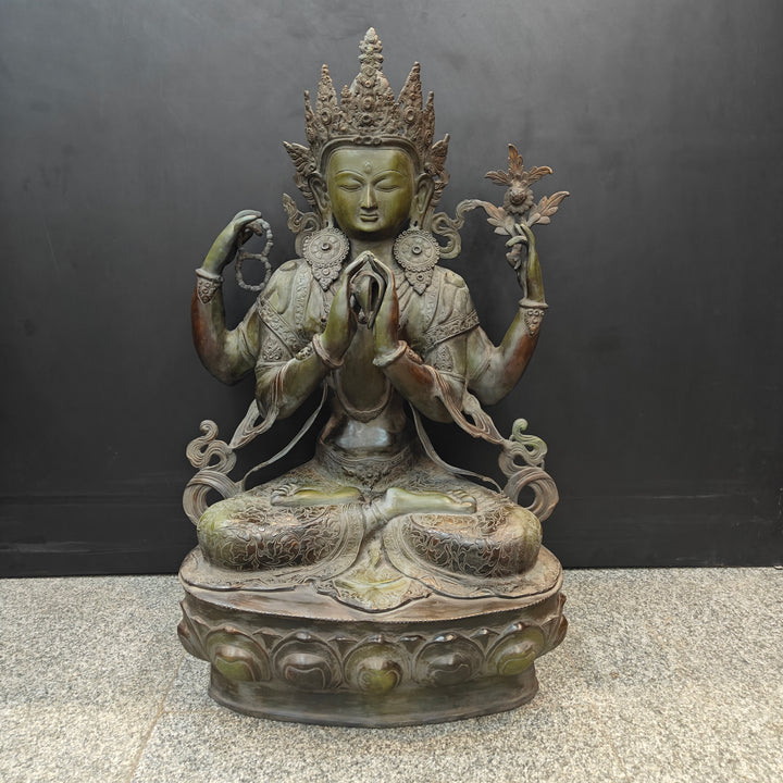 Brass Large Tibetan Buddhist Goddess Tara Four Arms Antique Finish 3 Feet