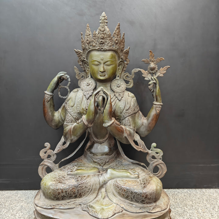 Brass Large Tibetan Buddhist Goddess Tara Four Arms Antique Finish 3 Feet