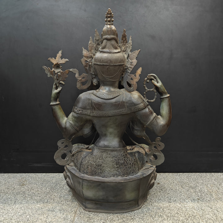 Brass Large Tibetan Buddhist Goddess Tara Four Arms Antique Finish 3 Feet