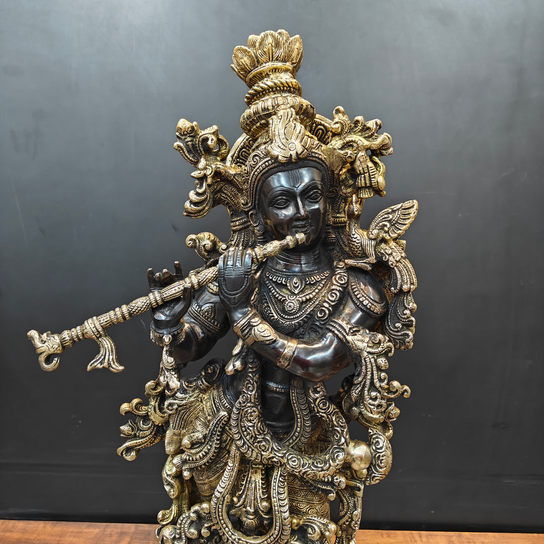 Brass Krishna Idol Religious Black Patina Finish For Home Decor 29 Inch