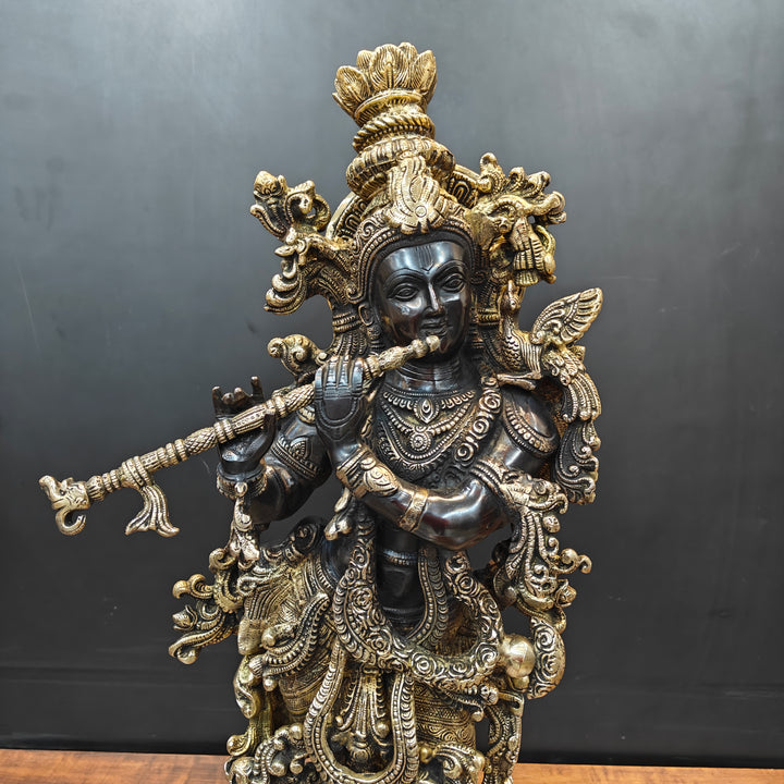 Brass Krishna Idol Religious Black Patina Finish For Home Decor 29 Inch