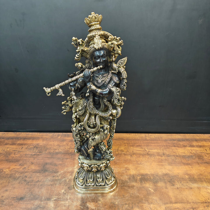 Brass Krishna Idol Religious Black Patina Finish For Home Decor 29 Inch
