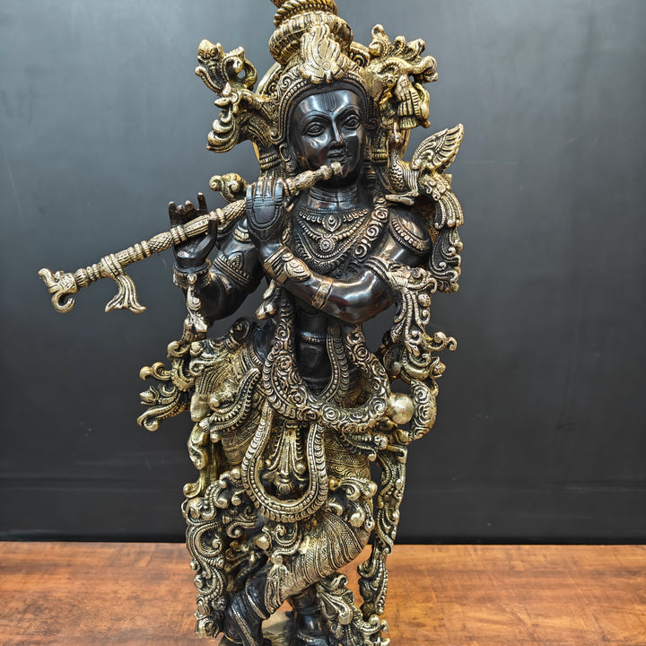 Brass Krishna Idol Religious Black Patina Finish For Home Decor 29 Inch