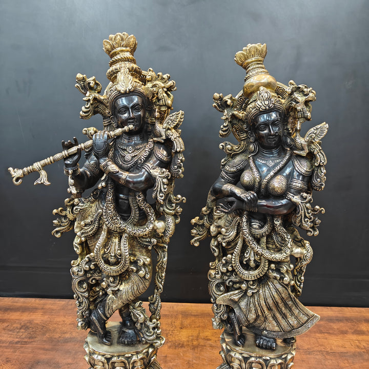Brass Radha Krishna Idol Religious Black Patina Finish For Home Decor 29 Inch