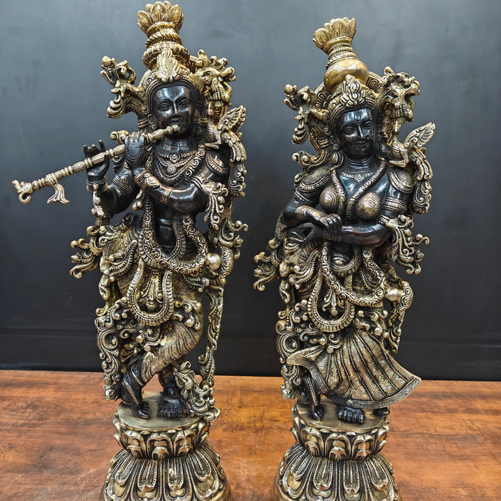 Brass Radha Krishna Idol Religious Black Patina Finish For Home Decor 29 Inch