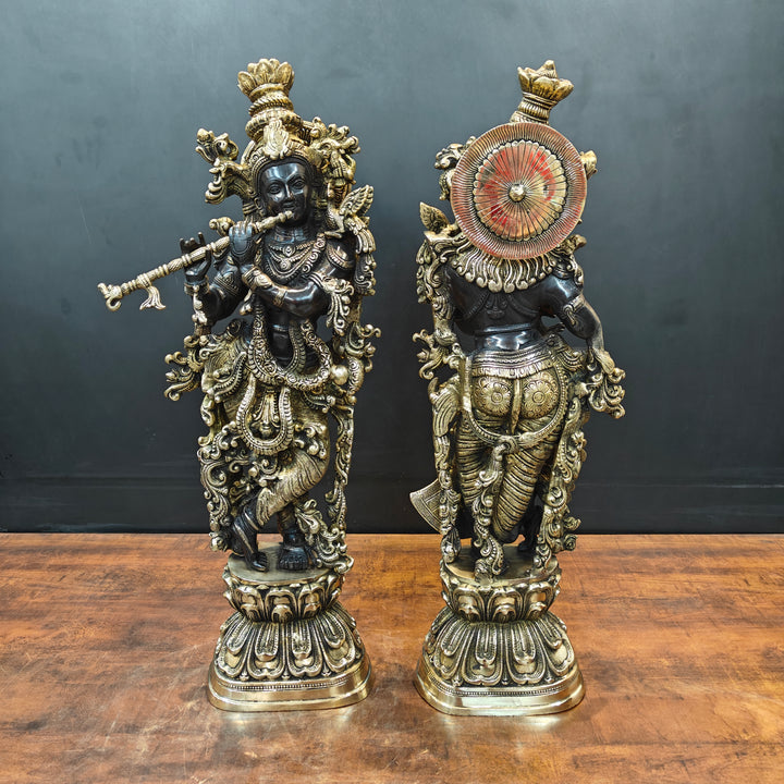 Brass Radha Krishna Idol Religious Black Patina Finish For Home Decor 29 Inch