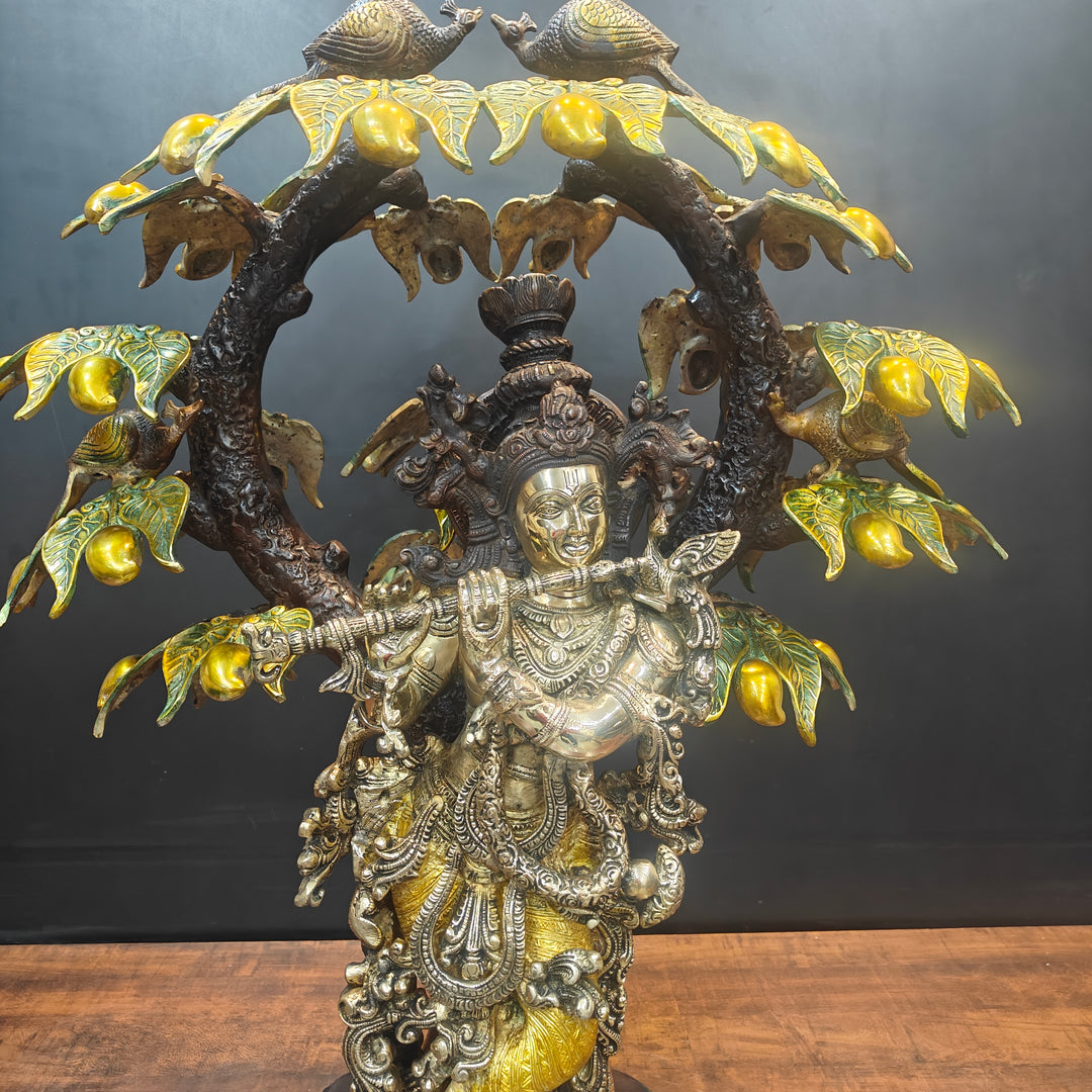 Brass Krishna Idol Under Kadamba Tree Antique Finish 33 Inches