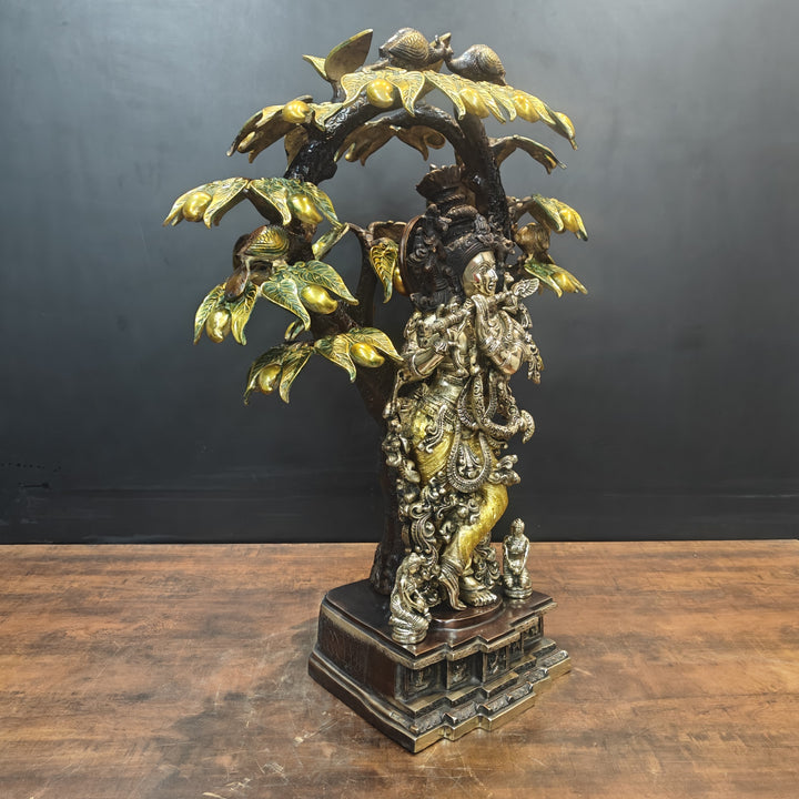 Brass Krishna Idol Under Kadamba Tree Antique Finish 33 Inches