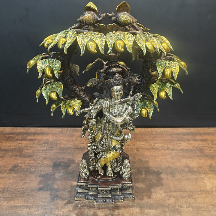Brass Krishna Idol Under Kadamba Tree Antique Finish 33 Inches