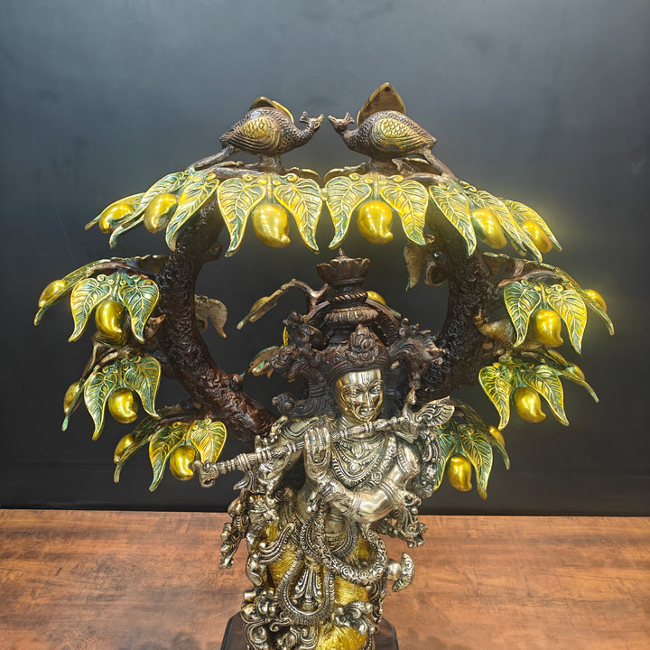 Brass Krishna Idol Under Kadamba Tree Antique Finish 33 Inches