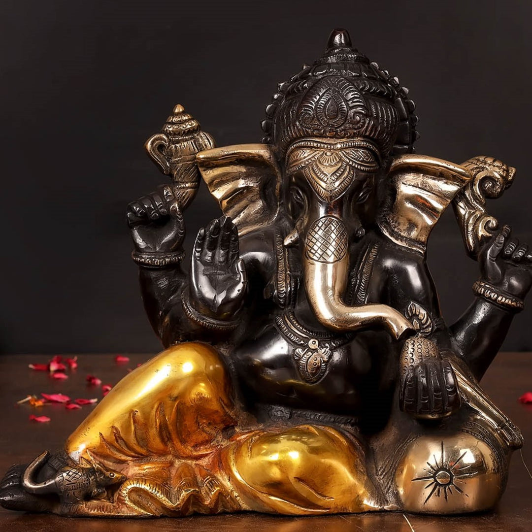 Brass Resting Ganesha Statue Black Patina Finish 10 Inch