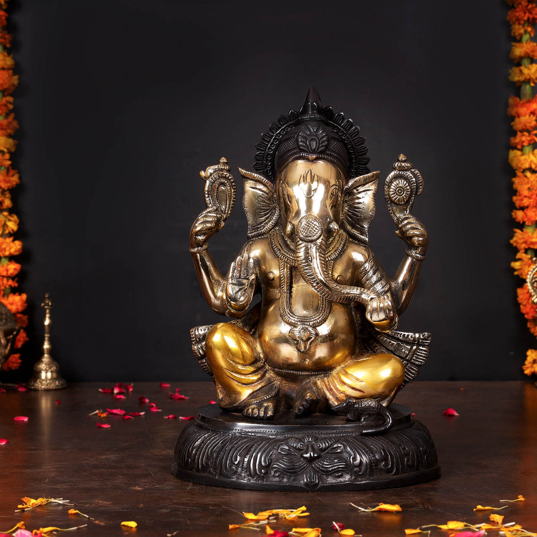 Brass Ganesha Statue Black Patina Finish For Home Decor 11.5 Inch