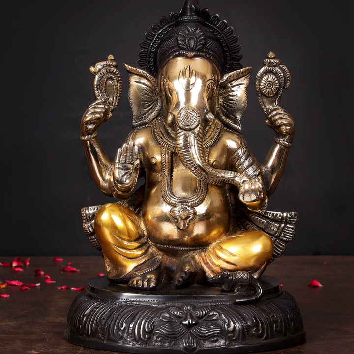Brass Ganesha Statue Black Patina Finish For Home Decor 11.5 Inch