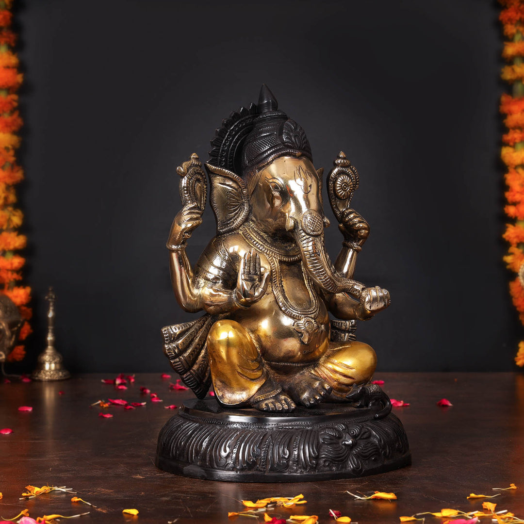 Brass Ganesha Statue Black Patina Finish For Home Decor 11.5 Inch