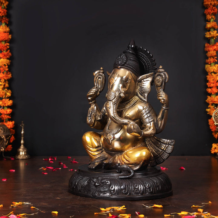 Brass Ganesha Statue Black Patina Finish For Home Decor 11.5 Inch