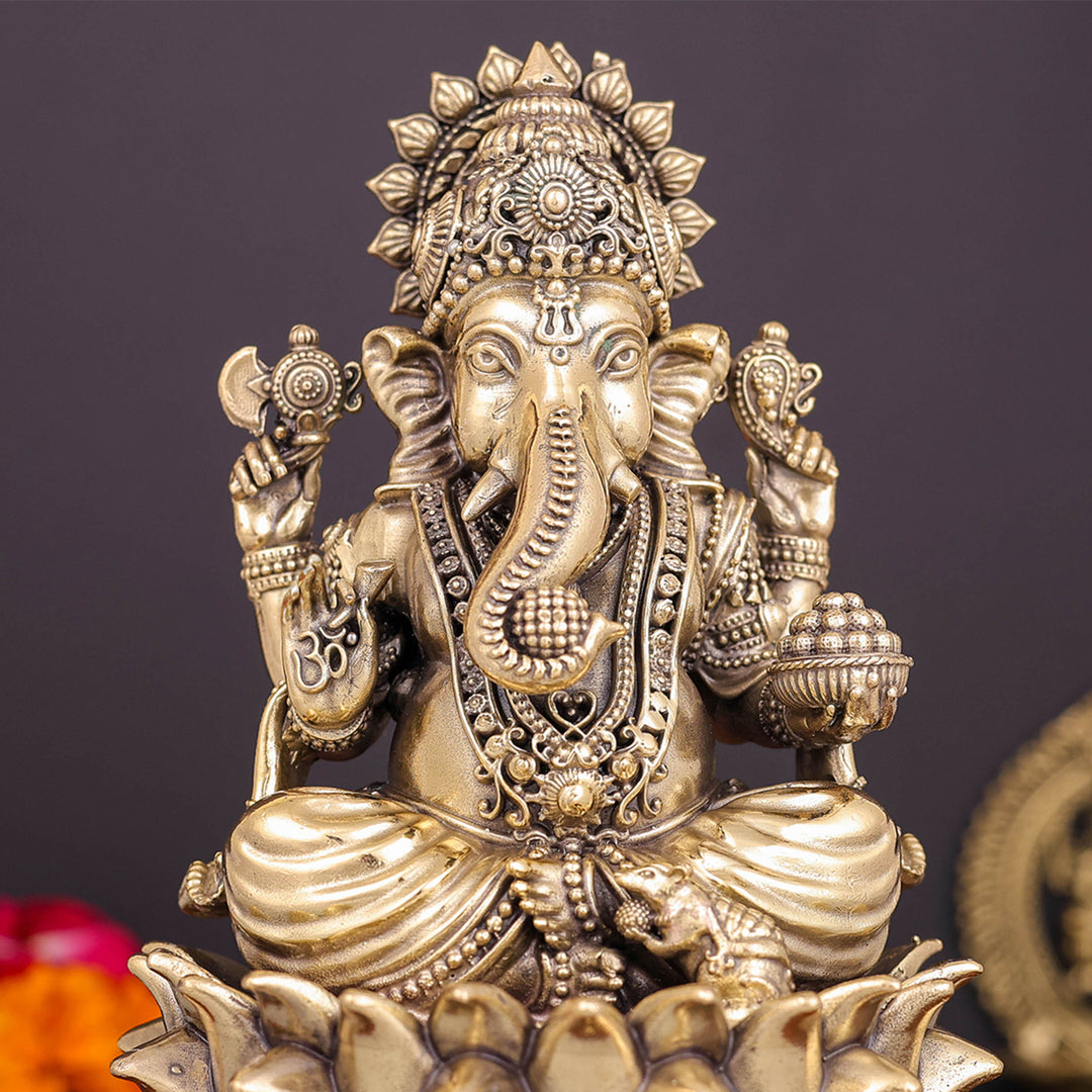 Brass Superfine Ganesha Idol Sitting On Lotus 6 Inch