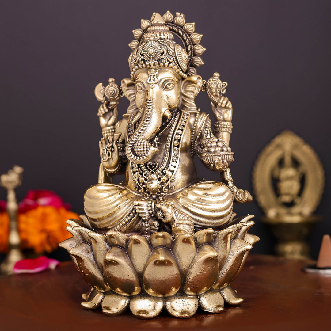 Brass Superfine Ganesha Idol Sitting On Lotus 6 Inch