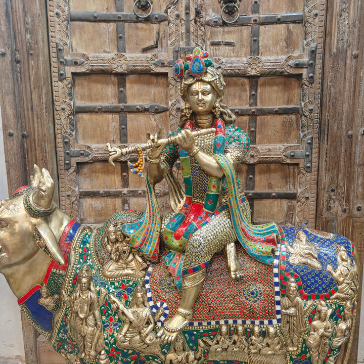 Brass Large Krishna Idol Seated On Cow Stone Work 43 Inches