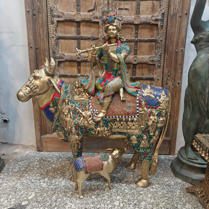 Brass Large Krishna Idol Seated On Cow Stone Work 43 Inches