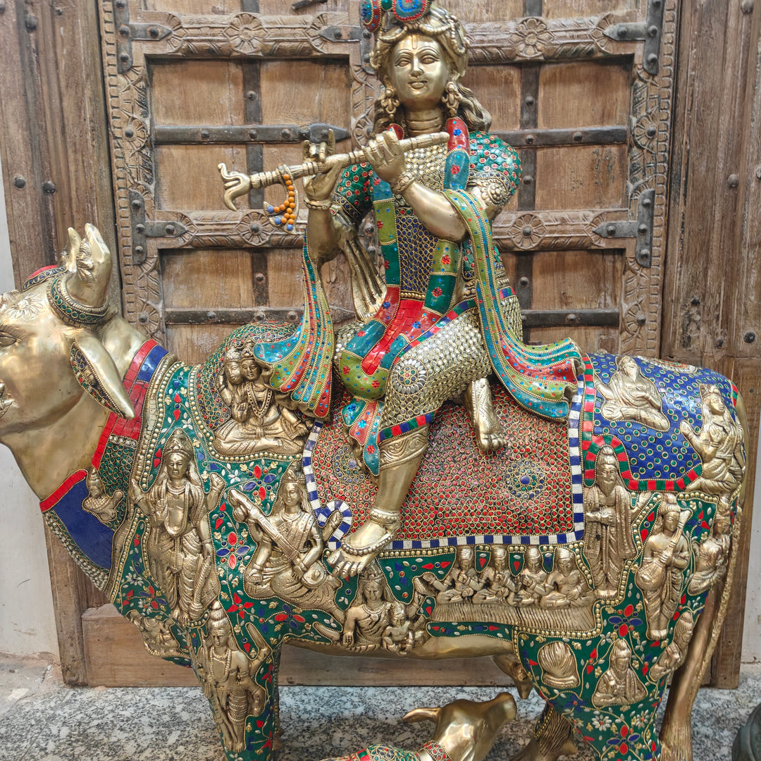 Brass Large Krishna Idol Seated On Cow Stone Work 43 Inches