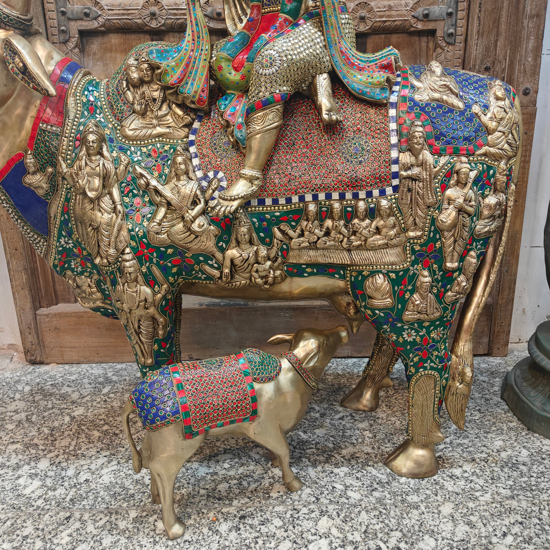 Brass Large Krishna Idol Seated On Cow Stone Work 43 Inches